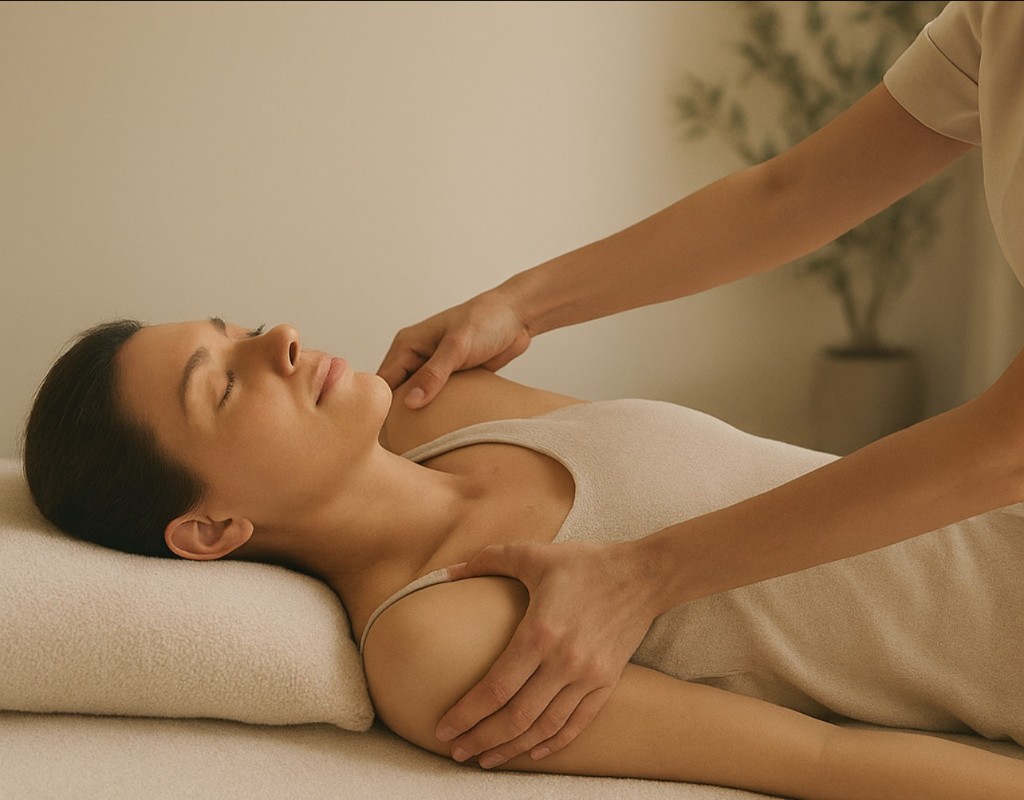 Assisted stretch with gentle guidance on the table.