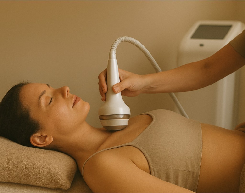 Client receiving a non-invasive body contouring session.