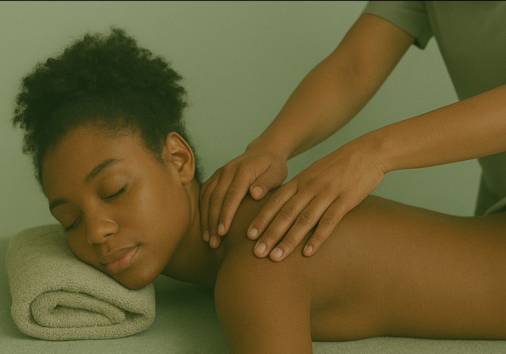 Therapeutic massage with hands on the upper back.