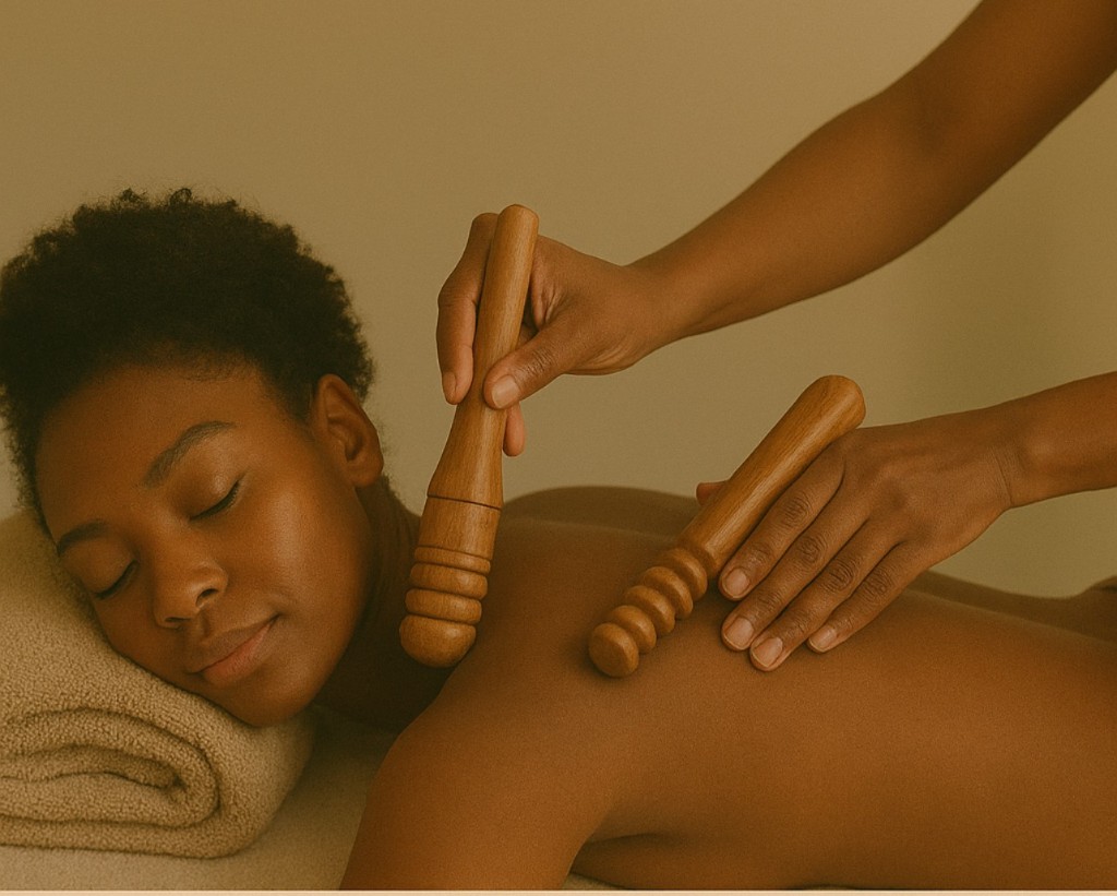 Wood therapy tools used along the back during a session.